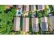Aerial view of neighborhood homes with fenced yards and pools surrounded by lush greenery at 12304 Huntersville Concord Rd, Huntersville, NC 28078