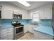 Functional kitchen featuring white cabinets, stainless steel appliances, and bright blue countertops at 1330 5Th Ne St, Hickory, NC 28601