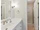 Modern bathroom features a new vanity with granite countertops and a tiled shower at 13617 Lake Bluff Dr, Matthews, NC 28105