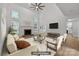 Staged living room featuring a fireplace, ceiling fan, a comfortable seating area, and hardwood floors at 15400 Groveland St, Huntersville, NC 28078