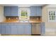 Modern kitchen sink area with blue cabinets and stainless steel appliances at 202 Glenn Ave, Kannapolis, NC 28081