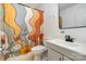 Bathroom with gray vanity and unique mushroom shower curtain at 3230 Kingsfield Rd, Rock Hill, SC 29732