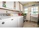 Bright laundry room featuring a washing machine and dryer, utility sink, and overhead storage at 928 Tally Ho Ct, Charlotte, NC 28212