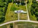 Expansive aerial view of the property highlighting multiple buildings, open fields, and road access at 1640 Bear Poplar Rd, Cleveland, NC 27013