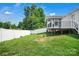 Spacious backyard featuring a white fence, a well-maintained lawn, and a deck with white railings at 2467 Hawk Ridge Dr, Gastonia, NC 28056