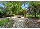 Lush backyard featuring a stone patio, seating area, and well-maintained landscaping at 5916 Four Wood Dr, Matthews, NC 28104