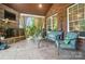 Inviting covered porch with brick accents, comfortable seating, and an outdoor fireplace at 5916 Four Wood Dr, Matthews, NC 28104