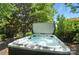 Inviting hot tub nestled in a private, landscaped backyard retreat offers a relaxing experience at 5916 Four Wood Dr, Matthews, NC 28104