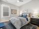 Well-lit bedroom featuring neutral walls, a ceiling fan, and a gray fabric bed frame at 6020 Waldorf Ave, Monroe, NC 28110