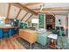 Open living room with vaulted ceilings, exposed wood beams, fireplace, and modern furnishings at 617 Pinecrest St, Davidson, NC 28036