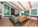 Bright living room features vaulted ceilings with wood beams, a fireplace, and large windows at 617 Pinecrest St, Davidson, NC 28036