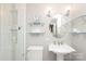 Bright bathroom featuring a pedestal sink, a toilet, and a glass-enclosed shower stall at 4126 Tyndale Ave, Charlotte, NC 28210