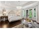 Luxurious main bedroom with chandelier, hardwood floors, and French doors to the yard at 8500 Longview Club Dr, Waxhaw, NC 28173