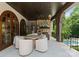 Covered patio features an outdoor fireplace and comfortable seating area overlooking the pool at 8500 Longview Club Dr, Waxhaw, NC 28173