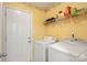 Functional laundry area with washer, dryer, and storage shelving near a white door at 9236 Clifton Meadow Dr, Matthews, NC 28105