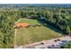 Overhead shot of a well-maintained baseball field with green grass, lights, and ample parking in a wooded setting at 10043 Tepa Pl, Tega Cay, SC 29708