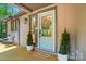 Charming front porch featuring a stylish light blue door, decorative wreath, and well-manicured potted trees at 10043 Tepa Pl, Tega Cay, SC 29708
