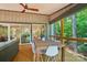 Inviting covered porch featuring a wooden dining table with seating for eight overlooking the surrounding greenery at 10043 Tepa Pl, Tega Cay, SC 29708