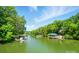 Scenic waterfront view of docks and boat houses along a calm lake surrounded by lush greenery at 10043 Tepa Pl, Tega Cay, SC 29708