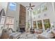 Bright living room with a stone fireplace, soaring ceilings, and many large windows at 136 Pink Orchard Dr, Mooresville, NC 28115