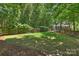 Lush backyard with mature trees, a well-manicured lawn, and a privacy fence, creating a serene outdoor space at 2223 Club Rd, Charlotte, NC 28205