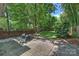 Serene backyard patio featuring stone pavers, comfortable chairs, a lush lawn, and a privacy fence at 2223 Club Rd, Charlotte, NC 28205
