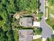 Aerial view highlighting the property's backyard with a fire pit, trampoline, deck, and manicured landscaping at 3609 Benseval Ln, Matthews, NC 28105