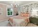Charming bedroom featuring decorative wallpaper, chandelier, and soft lighting for a restful retreat at 3609 Benseval Ln, Matthews, NC 28105