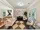 Cozy living area with comfortable seating, stylish decor, and a brick accent wall with a piano at 3609 Benseval Ln, Matthews, NC 28105
