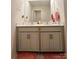 Well-lit bathroom featuring double sinks, gray cabinetry, and modern fixtures at 3816 Rosewood Dr, Mount Holly, NC 28120