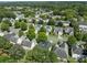 An aerial view of a residential neighborhood with mature trees, manicured lawns, and sidewalks in a suburban setting at 13247 Eastfield Village Ln, Charlotte, NC 28269