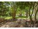 Beautiful landscaped backyard featuring mature trees, greenery, and stone pathway at 13622 Stringfellow Ln, Charlotte, NC 28278
