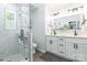 Bathroom featuring double sinks, modern lighting, and a glass-enclosed shower at 2116 Eastway Dr, Charlotte, NC 28205