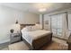 This bedroom features neutral colors, a bright light fixture and French doors that lead to a balcony at 2514 Marshall Pl, Charlotte, NC 28203