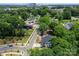 Aerial view showcasing modern homes in a leafy neighborhood with city skyline views at 4117 Sarah Dr, Charlotte, NC 28217
