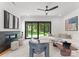 A modern living room with a sleek fireplace, large sliding glass doors to the yard, and stylish furniture at 4117 Sarah Dr, Charlotte, NC 28217