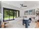 Cozy living room with modern decor, large sliding glass doors to yard, comfortable seating and sleek fireplace at 4117 Sarah Dr, Charlotte, NC 28217