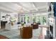 Bright living room with a fireplace, white beamed ceilings, and large windows offering abundant natural light at 7221 High Point Ct, Charlotte, NC 28278