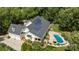 Aerial view of a home featuring a pool, patio, professional landscaping and solar panels at 9261 Marvin School Rd, Marvin, NC 28173