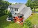 Aerial view of the backyard showing the deck, hot tub, patio, and lush landscaping at 10919 Valley Spring Dr, Charlotte, NC 28277