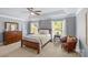 Comfortable main bedroom featuring tray ceilings, fan, dresser and cozy chair at 1310 Weddington Hills Dr, Matthews, NC 28104