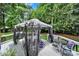 Relaxing covered back deck features outdoor seating with curtains for privacy and shade at 488 Saint George Rd, Fort Mill, SC 29708