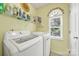 Bright laundry room features modern washer and dryer, storage shelves and a window for natural light at 488 Saint George Rd, Fort Mill, SC 29708