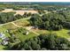 Aerial view of new construction farmhouse on acreage surrounded by mature trees and rolling fields at 5015 Lancaster Hwy, Monroe, NC 28112