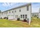Backyard view featuring white siding, a small patio, and a manicured lawn at 13022 Rover St, Charlotte, NC 28273