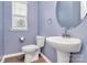 Bathroom featuring a pedestal sink, framed mirror, wood floors, and blue walls at 13022 Rover St, Charlotte, NC 28273