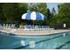 A community pool with blue umbrellas and many lounge chairs for residents' relaxation at 14411 Glendon Hall Ln, Charlotte, NC 28262