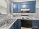 Functional kitchen area featuring blue cabinets, double sink, and electric stove top at 3509 Flint Dr, Statesville, NC 28677