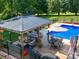 Outdoor patio area with covered dining space, grill, and an in-ground pool at 3509 Flint Dr, Statesville, NC 28677