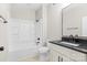 Bathroom features a vanity with black countertops and shower-tub combo at 4015 Randolph Rd, Charlotte, NC 28211